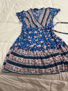 Blue Floral Wrap-Style Kids Dress with Pink Accents